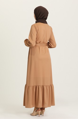 Düğme Detaylı Büzgülü Elbise 3001-07 Camel