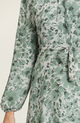 Desenli Kuşaklı Şifon Elbise 7102-01 Mint Yeşili