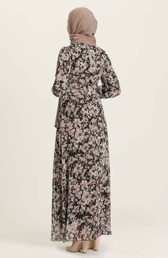 Desenli Kuşaklı Şifon Elbise 7102-03 Siyah