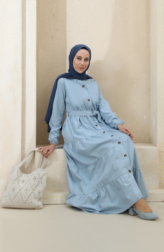 Boydan Düğmeli Büzgülü Elbise 1425-01 Mavi