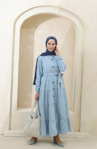 Boydan Düğmeli Büzgülü Elbise 1425-01 Mavi