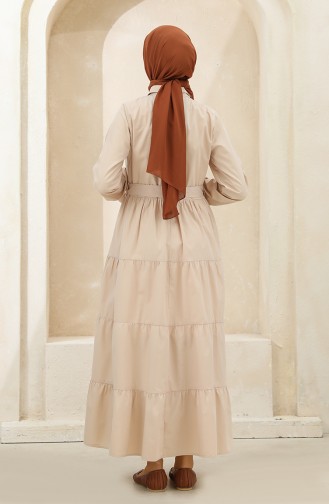 Boydan Düğmeli Büzgülü Elbise 1425-06 Bej