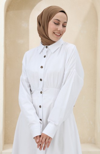 Boydan Düğmeli Elbise 4370-01 Beyaz