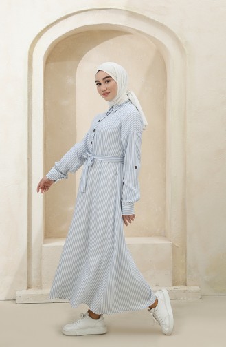 Düğmeli Çizgili Elbise 4385-04 Mavi