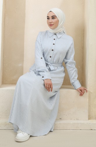 Düğmeli Çizgili Elbise 4385-04 Mavi