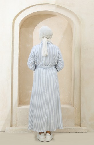 Düğmeli Çizgili Elbise 4385-04 Mavi