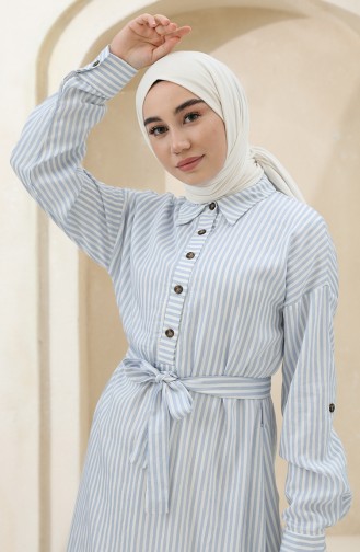 Düğmeli Çizgili Elbise 4385-04 Mavi
