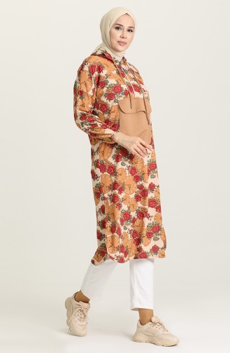 Kapüşonlu Desenli Uzun Tunik 71318-03 Camel