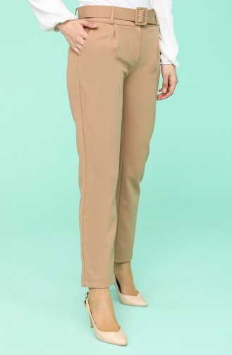 Kemerli Düz Paça Pantolon 0040-04 Camel