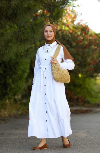 Boydan Düğmeli Büzgülü Elbise 1425-02 Beyaz
