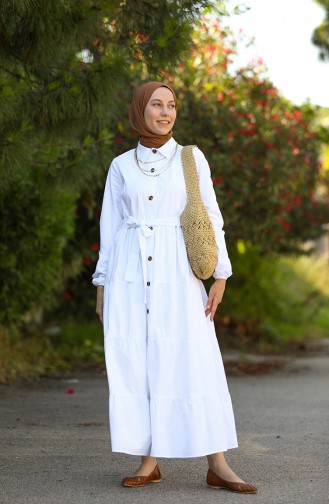 Boydan Düğmeli Büzgülü Elbise 1425-02 Beyaz