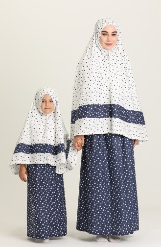 İki Parça Desenli Namaz Elbisesi 0956-01 Beyaz Lacivert