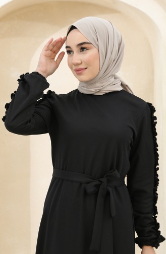 Kolları Fırfırlı Kuşaklı Elbise 1011-02 Siyah