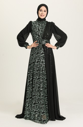Pullu Abiye Elbise 5408A-04 Siyah Yeşil