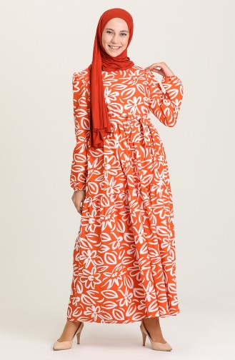 Desenli Büzgülü Elbise 5400A-01 Oranj
