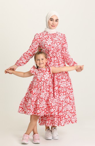 Desenli Anne Kız Kombin Elbise 5403-02 Kırmızı