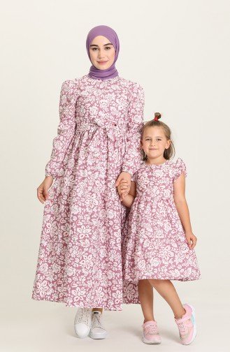 Desenli Anne Kız Kombin Elbise 5403-03 Mor