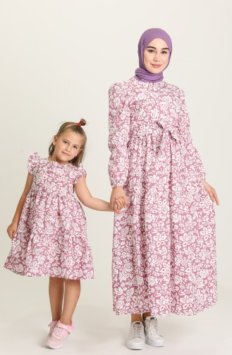 Desenli Anne Kız Kombin Elbise 5403-03 Mor