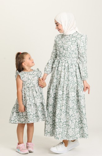 Desenli Anne Kız Kombin Elbise 5403-04 Çağla Yeşili
