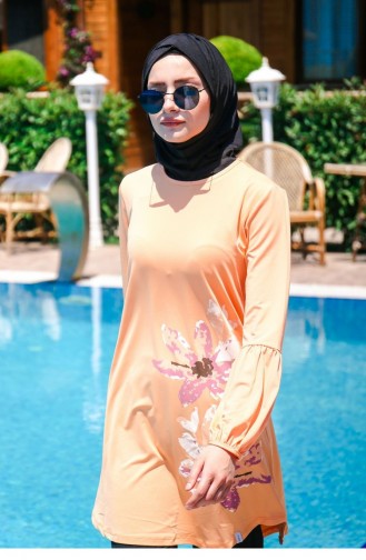 Sulu Boya Çiçek Detaylı Likralı Tam Kapalı Tesettür Mayo 4´lü Set Marina Mayo M2013 Yavruağzı
