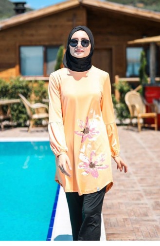 Sulu Boya Çiçek Detaylı Likralı Tam Kapalı Tesettür Mayo 4´lü Set Marina Mayo M2013 Yavruağzı