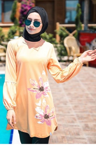 Sulu Boya Çiçek Detaylı Likralı Tam Kapalı Tesettür Mayo 4´lü Set Marina Mayo M2013 Yavruağzı