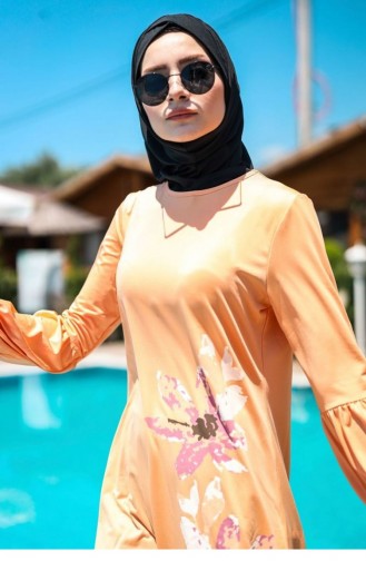 Sulu Boya Çiçek Detaylı Likralı Tam Kapalı Tesettür Mayo 4´lü Set Marina Mayo M2013 Yavruağzı
