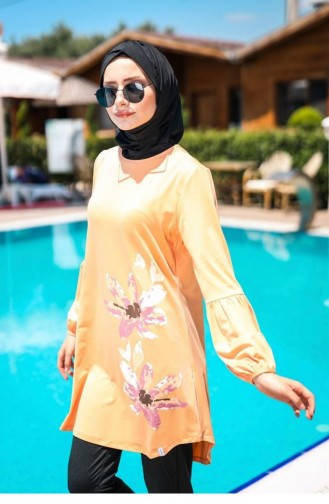 Sulu Boya Çiçek Detaylı Likralı Tam Kapalı Tesettür Mayo 4´lü Set Marina Mayo M2013 Yavruağzı