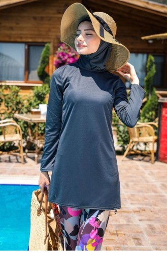Desenli Tayt Modelli Tam Kapalı Tesettür Mayo 3´lü Set Rivamera Mayo R1009 Füme