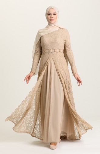 Dark Beige Hijab Evening Dress 5083-03