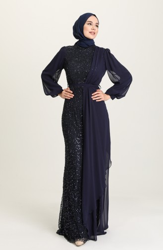 Navy Blue Hijab Evening Dress 5516-02