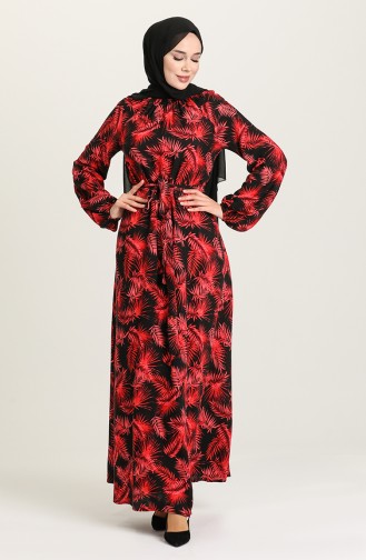 Kolu Ve Yakası Büzgülü Kuşaklı Elbise 3300-08 Siyah Kırmızı