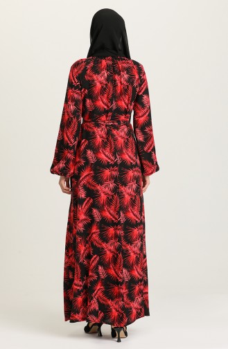Kolu Ve Yakası Büzgülü Kuşaklı Elbise 3300-08 Siyah Kırmızı