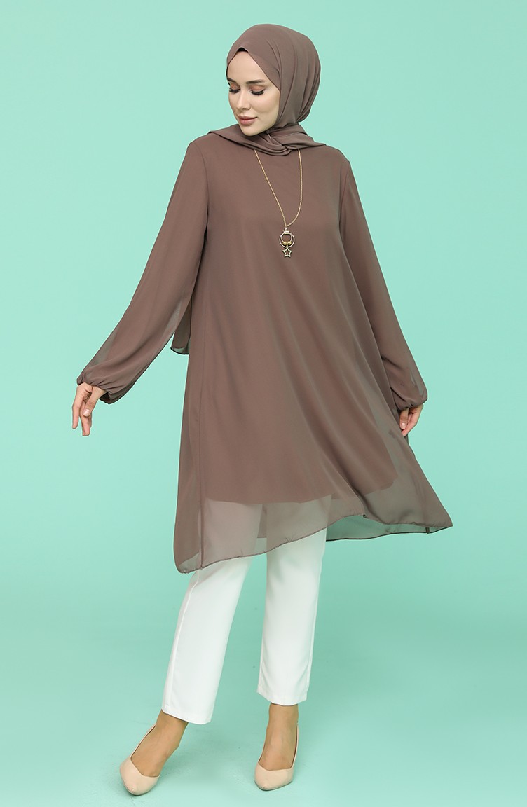 Kolyeli Şifon Tunik 5361-02 Koyu Vizon