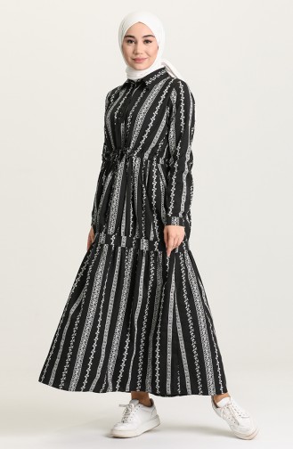 Boydan Düğmeli Desenli Elbise 5471-02 Siyah