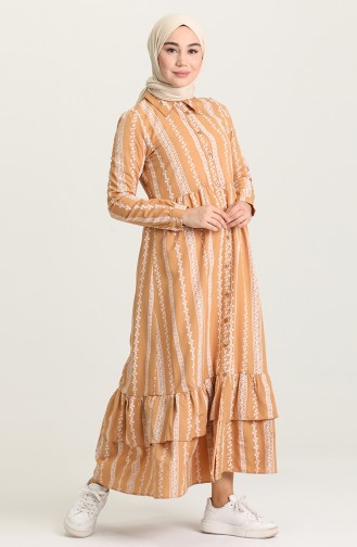 Boydan Düğmeli Desenli Elbise 5471-05 Camel