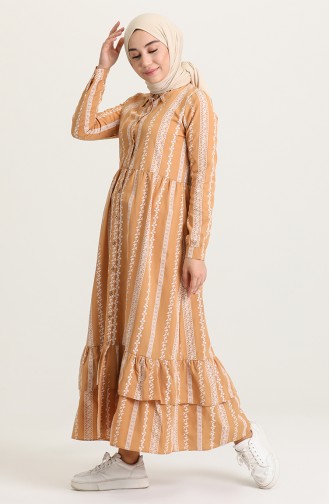 Boydan Düğmeli Desenli Elbise 5471-05 Camel