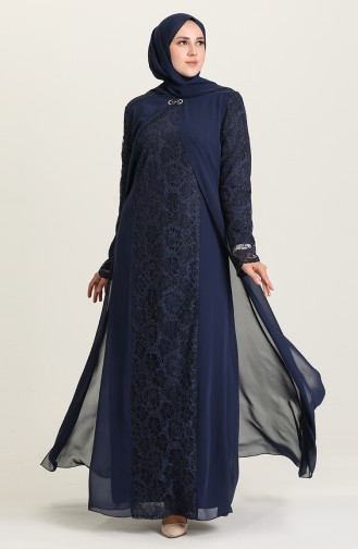 Navy Blue Hijab Evening Dress 3002-01