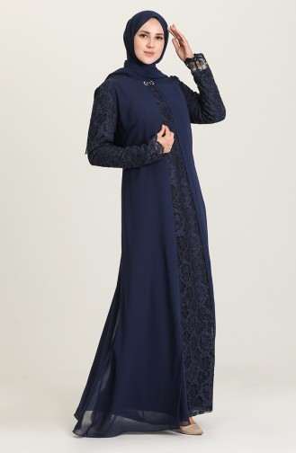 Navy Blue Hijab Evening Dress 3002-01