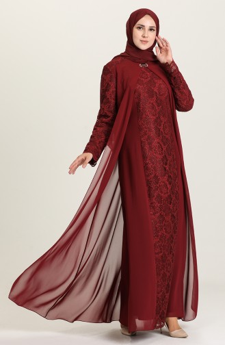 Claret Red Hijab Evening Dress 3002-04