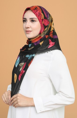 Desenli Çekme Cotton Eşarp 11400-01 Siyah Fuşya