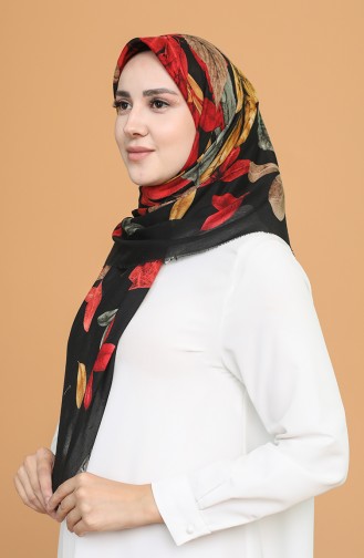 Desenli Çekme Cotton Eşarp 11400-04 Siyah Kırmızı