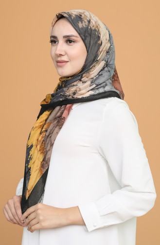 Batik Desen Çekme Cotton Eşarp 11401-06 Siyah Hardal