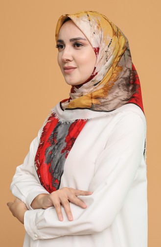 Batik Desen Çekme Cotton Eşarp 11401-11 Ekru Kırmızı