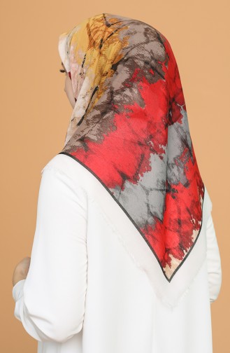 Batik Desen Çekme Cotton Eşarp 11401-11 Ekru Kırmızı