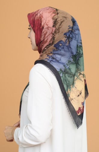 Batik Desen Çekme Cotton Eşarp 11401-15 Koyu Lacivert Açık Hardal