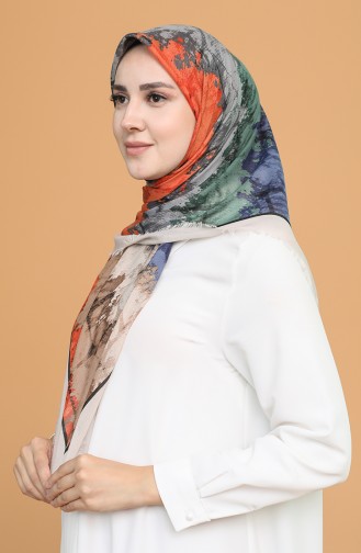 Batik Desen Çekme Cotton Eşarp 11401-19 Kum Beji Zümrüt Yeşili