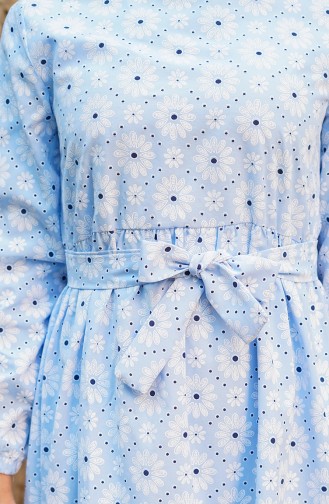 Desenli Kuşaklı Elbise 1021-02 Mavi