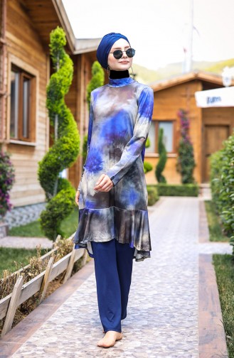 Batik Desenli Tasarım Tam Kapalı Tesettür Mayo 4´lü Set Marina Mayo M2022 Lacivert