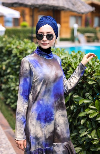 Batik Desenli Tasarım Tam Kapalı Tesettür Mayo 4´lü Set Marina Mayo M2022 Lacivert